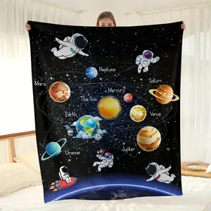 Astronaut Planet Print Flannel Blanket Warm Comfortable Multi-Purpose Throw for Sofa Bed Office All Seasons