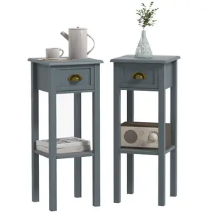 2-Tier Side Tables Set of 2 with Drawer and Shelf – 2 Pieces End Tables for Living Room and Hallway, Slim 11.75" Wide, MDF Construction, Anti-Tipping Strap, 33 lbs Capacity, Gray