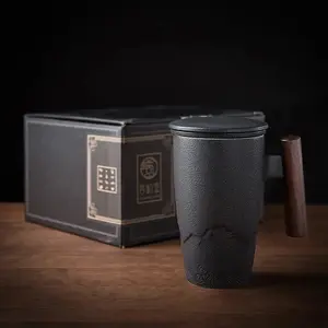 Retro Landscape Ceramic Tea Mug with Wooden Handle
