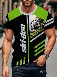Men's Brp Ski-Doo Racing T-Shirt, Colorblock Snowmobile Print Short Sleeve Top, Multifunctional Streetwear for Daily Wear