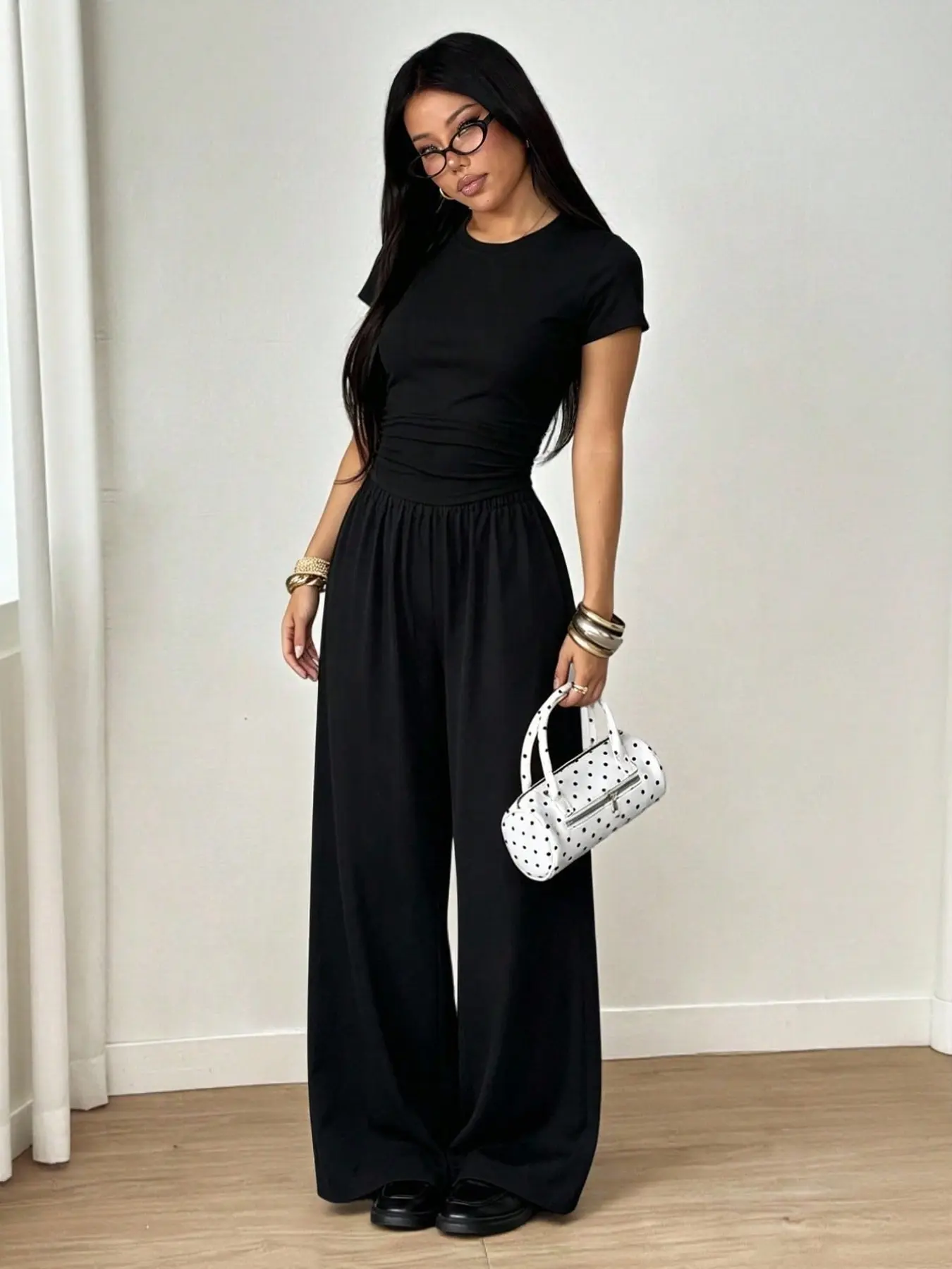Women's European Style Romper, Round Neck Short Sleeve High Waist Wide Leg Pants, Casual Everyday Office Weekend Travel, Slimming and Flattering, Basic