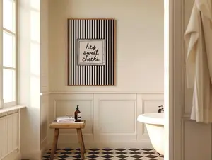 Hey Sweet Cheeks Print, Black Striped Bathroom Decor, Funny Restroom Art
