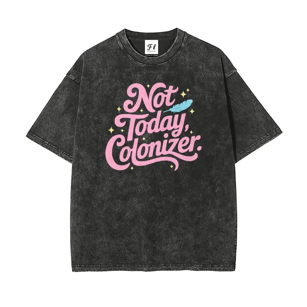 Vintage Feather Graphic T-Shirt, Unisex "Not Today Colonizer" Oversized Fit, Soft Washed Cotton Casual Short Sleeve Streetwear, Shortsleeve, Fabric, Round Neck