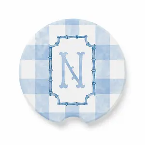 Personalized Soapstone Car Coaster – Custom Monogrammed Gingham Design, Elegant Floral Border, Unique Car Accessory Gift for Car Lovers, Customizable Interior Decor