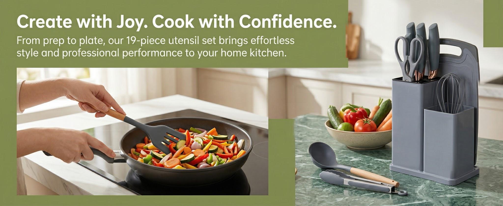 19 Piece Kitchenware Utensils and Knife Set- Includes: 9 Piece Silicone Cooking Utensils- 5 Piece Sharp Stainless Steel Chef Knives- Scissors -Whisk Tongs and Cutting Board (Gray) 19 Piece Kitchenware Utensils and Knife Set- Includes: 9 Piece Silicone Cooking Utensils- 5 Piece Sharp Stainless Steel Chef Knives- Scissors -Whisk Tongs and Cutting Board (Gray)