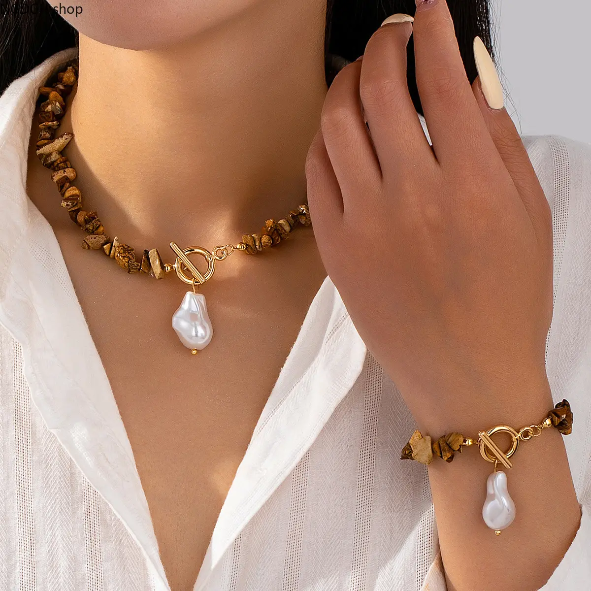 Boho Jewelry Set Featuring a Baroque Pearl Toggle Clasp Necklace and Stone Beaded Bracelet, Women's Accessories for Beach Days, Gemstone, Female, Toggle Necklace, Women's Fashion, Beaded Set, Beaded Strap