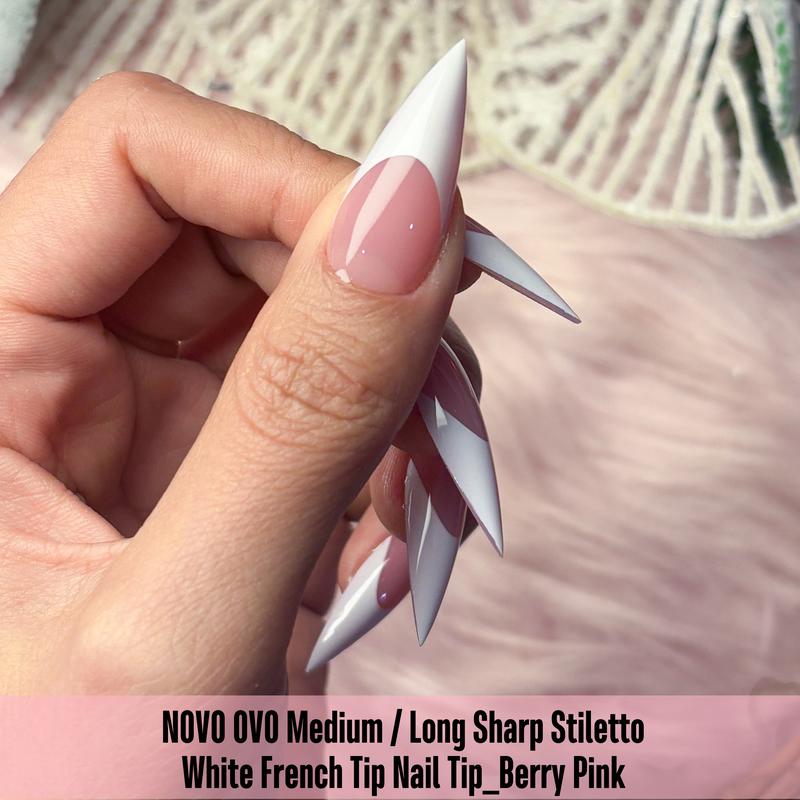 NOVO OVO White French Tip Sharp Stiletto Pointed Medium Long Nail Tips Press on Berry Pink,Soft Gel Fake Acrylic Extension, Full Cover False Nails for Salon DIY x 16 Sizes 160 pcs【NO GLUE ,TOP COATAND LAMP INCLUDED】