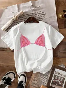 Women's Round Neck Bra Graphic Print T-Shirt, Vintage Fashion Casual Streetwear Off-Shoulder Short Sleeve Top, Perfect for Daily Wear