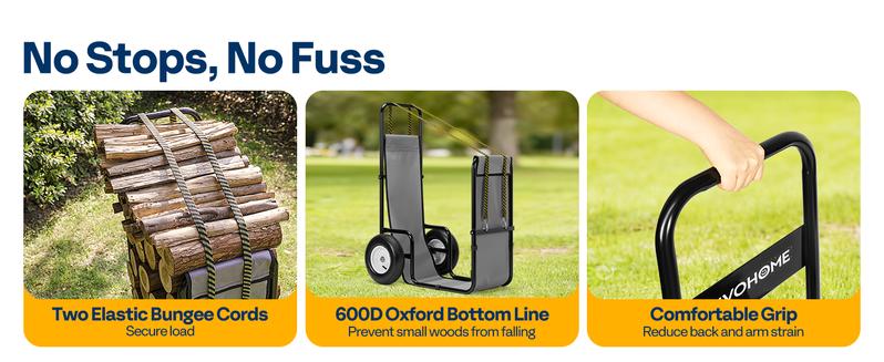 VIVOHOME Firewood Log Cart Carrier with Rubber Wheels and 600D Oxford Cloth, 250-300 LBS Capacity Heavy Duty Steel Dolly Hauler, Rolling Wood Rack Storage Mover for Easy Transport Indoor Outdoor Use