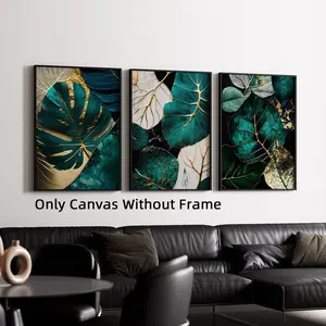 3pcs/Set Optinal Frame Modern Abstract Green&Gold Leaf Canvas Poster, Creative Plant Wall Art, Unframed Wall Art, Room Decor, Artwork Wall Painting For Gift, Wall Picture for Living Room, Bedroom, Home And Dormitory Decoration