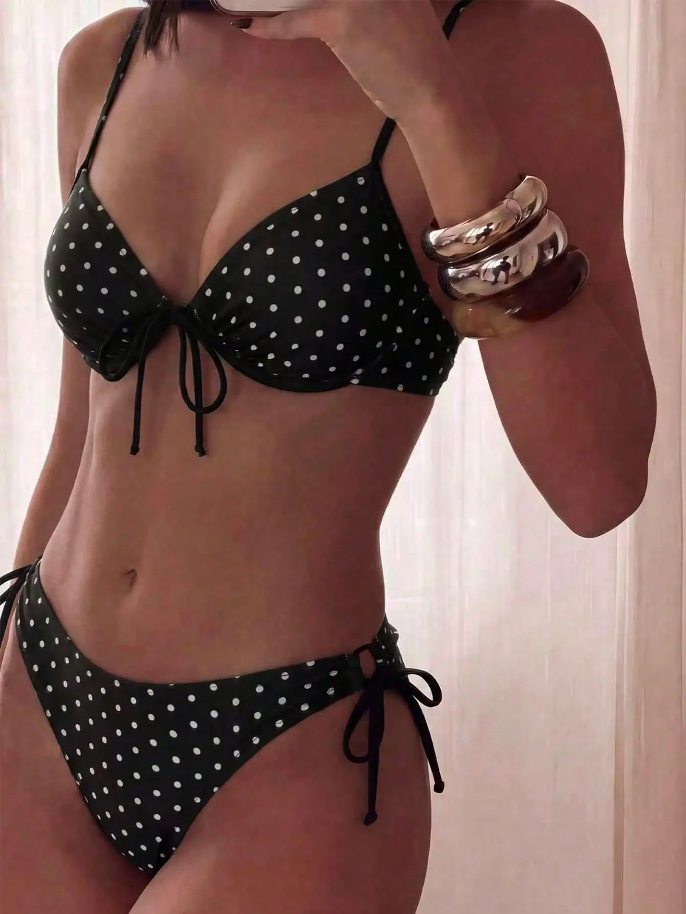 VYNCE Black And White Polka Dot Bikini Set Underwire Spaghetti Strap Bowknot Top Side Drawstring High Cut Bottoms Sexy 2 Piece Beach Vacation