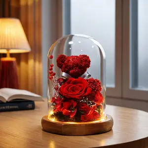 Handmade Glass Dome Finished Ornament with Preserved Flowers, Moss & Teddy Bear - Decorative Everlasting Indoor Recreation Decor, Festival Gift for Valentine's Day, Christmas