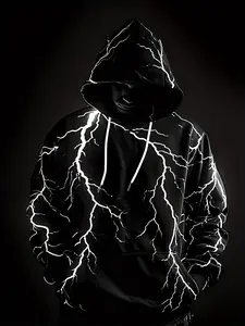 Gothic Punk Lightning Hooded Sweatshirt for Men - Black White Lightning Print Long Sleeve Pullover with Drawstring Hood Casual Street Fashion Perfect for Layering Machine Washable Daily Wear
