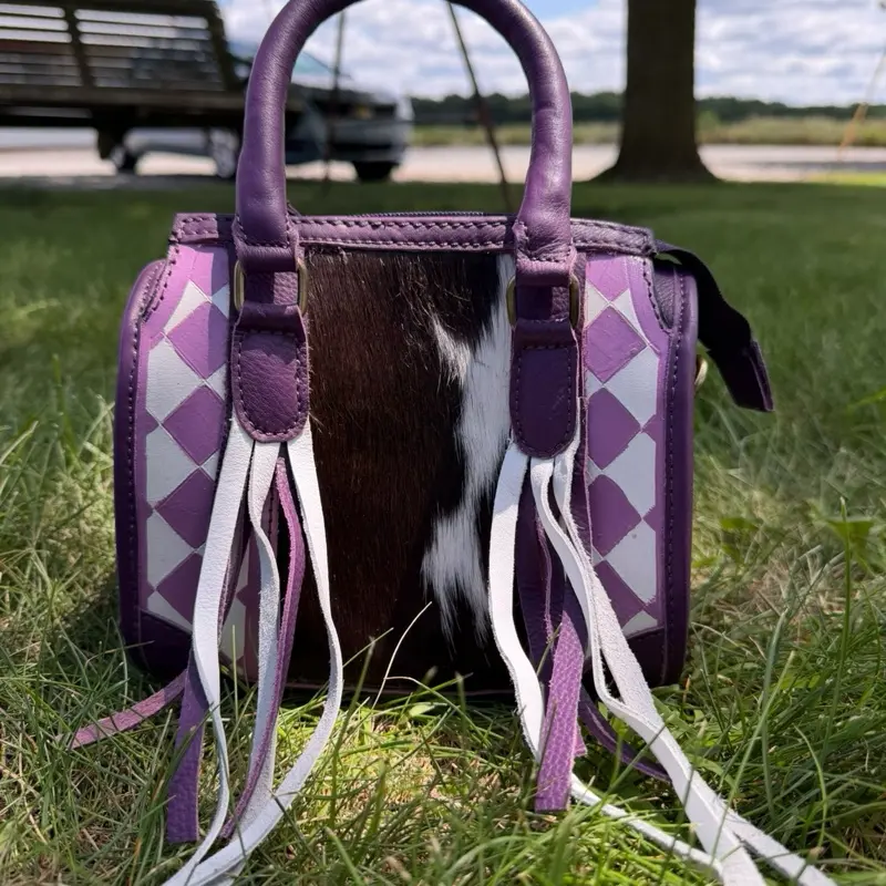 Genuine hand painted leather & cowhide MINI SOFT SHELL speedy bag- purple and white checkered with fringe & cowhide