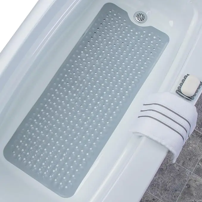Power Grip Extra Long Bath Tub & Shower Mat 39x16, Wet Floor Non-Slip for Elderly & Kids Bathroom, 30% Longer Bathtub Mats, 200 Suction Cups, Drain Holes (1, Solid Gray)
