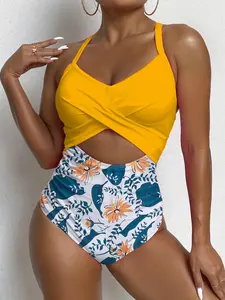 Women's Colorblock & Floral Print Criss Cross Back One-piece Swimsuit, Casual Adjustable Strap Sleeveless Swimwear for Beach Holiday Vacation, Ladies Swimsuit for All Seasons Adjustable Straps Swimsuit