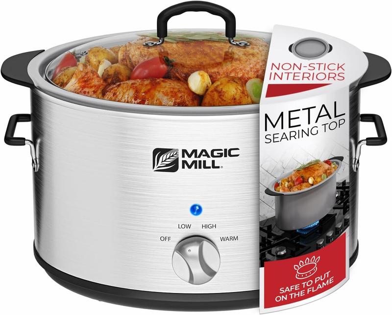 Magic Mill 10 Quart Slow Cooker Extra Large Non-Stick Metal Searing Pot with Transparent Tempered Glass Lid Stovetop Safe Dishwasher Safe Multipurpose Lightweight