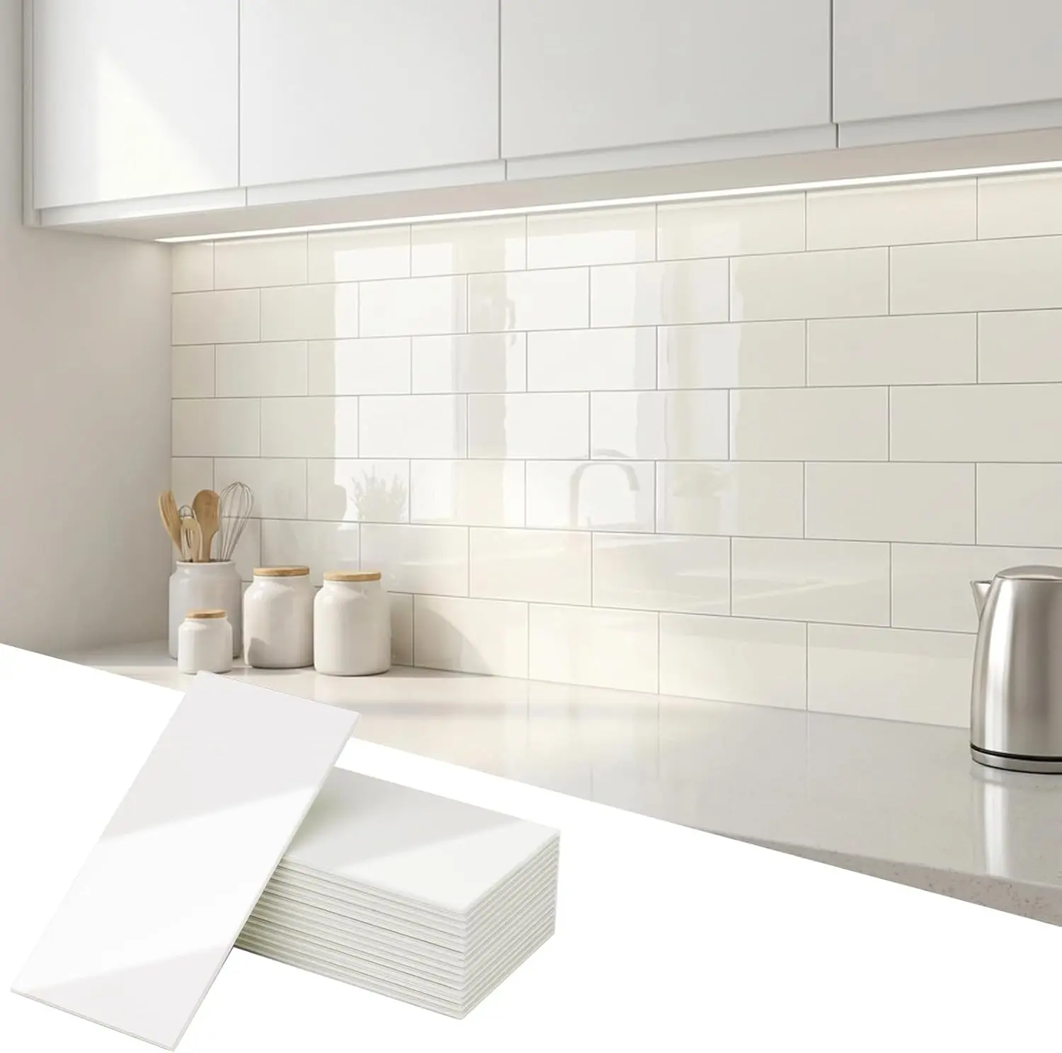 2025 New Upgrade Modern Peel & Stick Backsplash, 3x6 in Rectangular 3D PVC Composite Stick-on Wall Tiles, Polished Cream White (2 Pieces) for Kitchen Walls, Bathroom