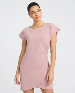 Express Crepe Crew Neck Ruched Wrap Mini Dress