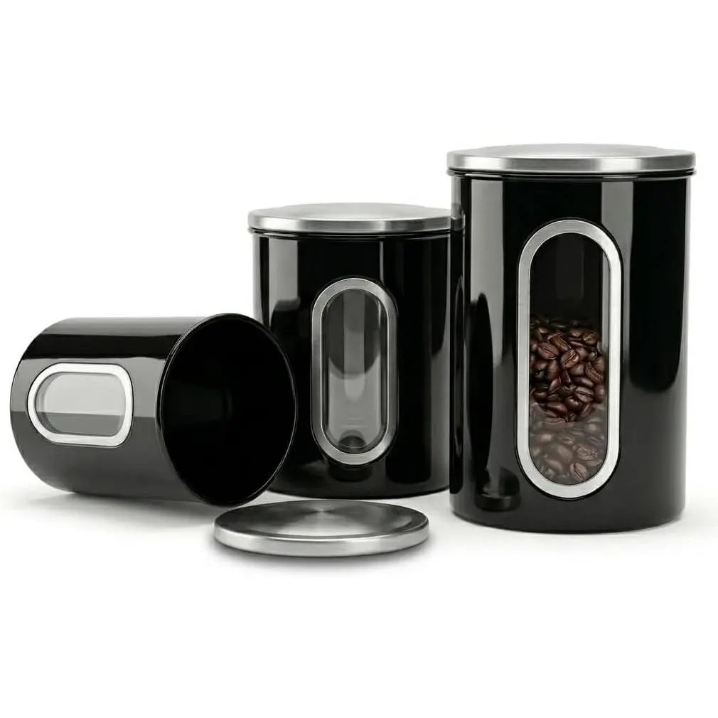 -Piece Black Canisters Sets For The Kitchen, Airtight Canister Set With See Through Window, Storage Jars for Coffee Container, Tea Organizer & Sugar Canister, Black Kitchen Canisters