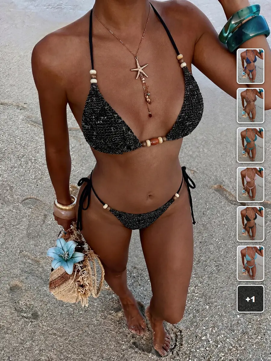 Bikini Set Crochet Halter Backless Beaded Bohemian Beach Vacation Summer Outfit