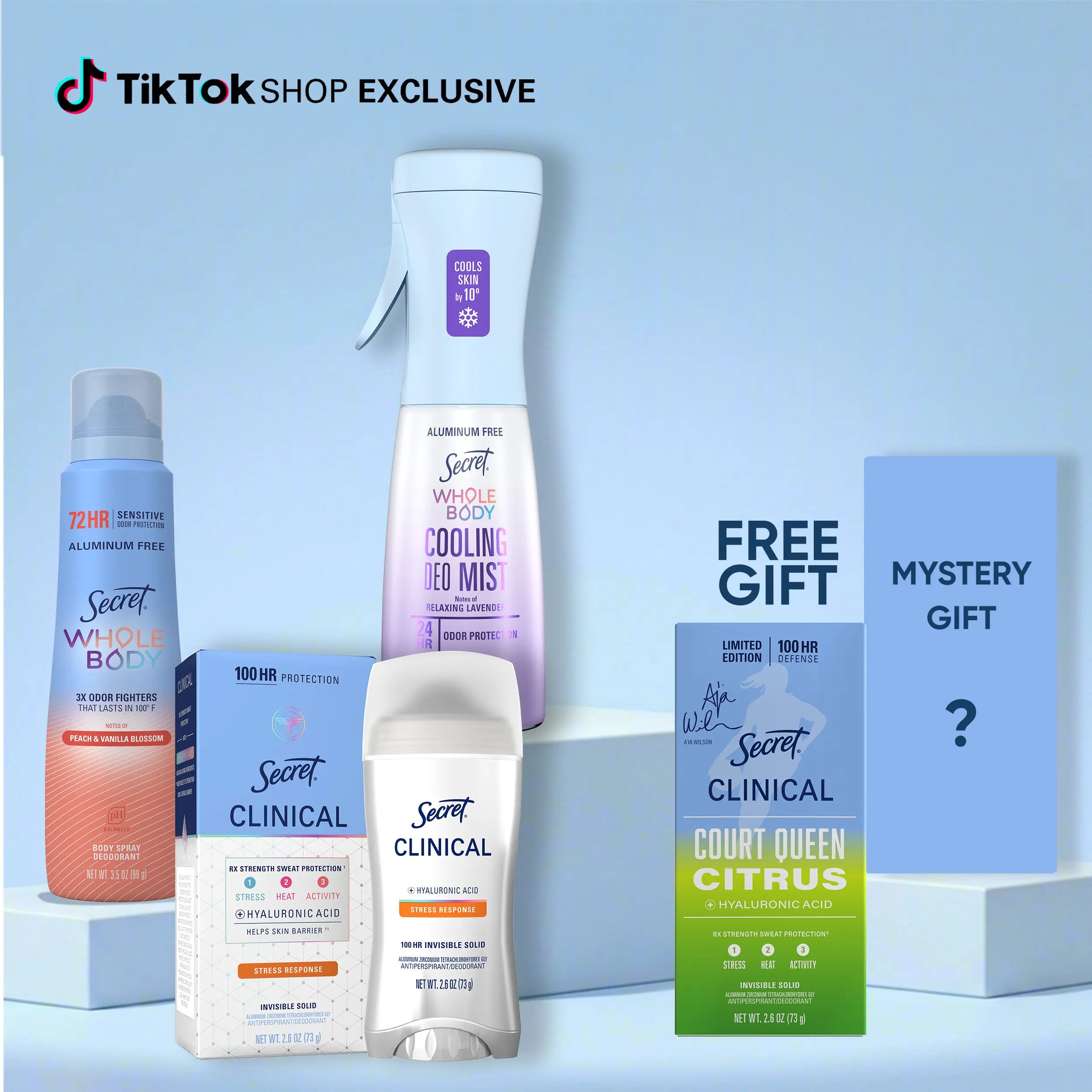 Secret Women's Deodorant and Antiperspirant 5-Piece Bundle: Whole Body Peach & Vanilla Spray 3.5 oz, Whole Body Lavender Cooling Mist 5.2 oz, Clinical Stress Response Invisible Solid 2.6 oz + Free Gift Clinical Invisible Solid 2.6 oz + Mystery Gift