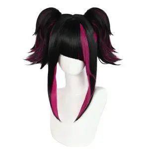 Synthetic Black With Red Double Clip On Ponytails Straight Heat Resistant Han Juri Cosplay Game Anime Character Wig