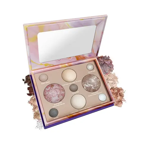 BOTAGUS 9-in-1 Baked Cosmetic Makeup Palette Box - Sunstone All-Day Illuminator with Baked Blush, Bronzer, 2 Highlighters, 5 Sparkly Eyeshadows, Jojoba Oil - No Caking/Creasing, Long-Lasting, Blendable, Beginner-Friendly Travel Makeup for Full-Face Glow