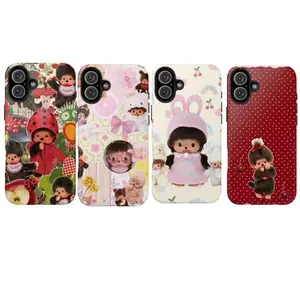 Monchhichi Cute Cartoon Phone Case – Japanese kawaii doll aesthetics, strawberry polka dot design, sweet pastel style, retro Harajuku style phone case, compatible with iPhone 17/16/15/14/13/12/11 Pro Max/Plus and Samsung Galaxy S23FE/22/23/24/25