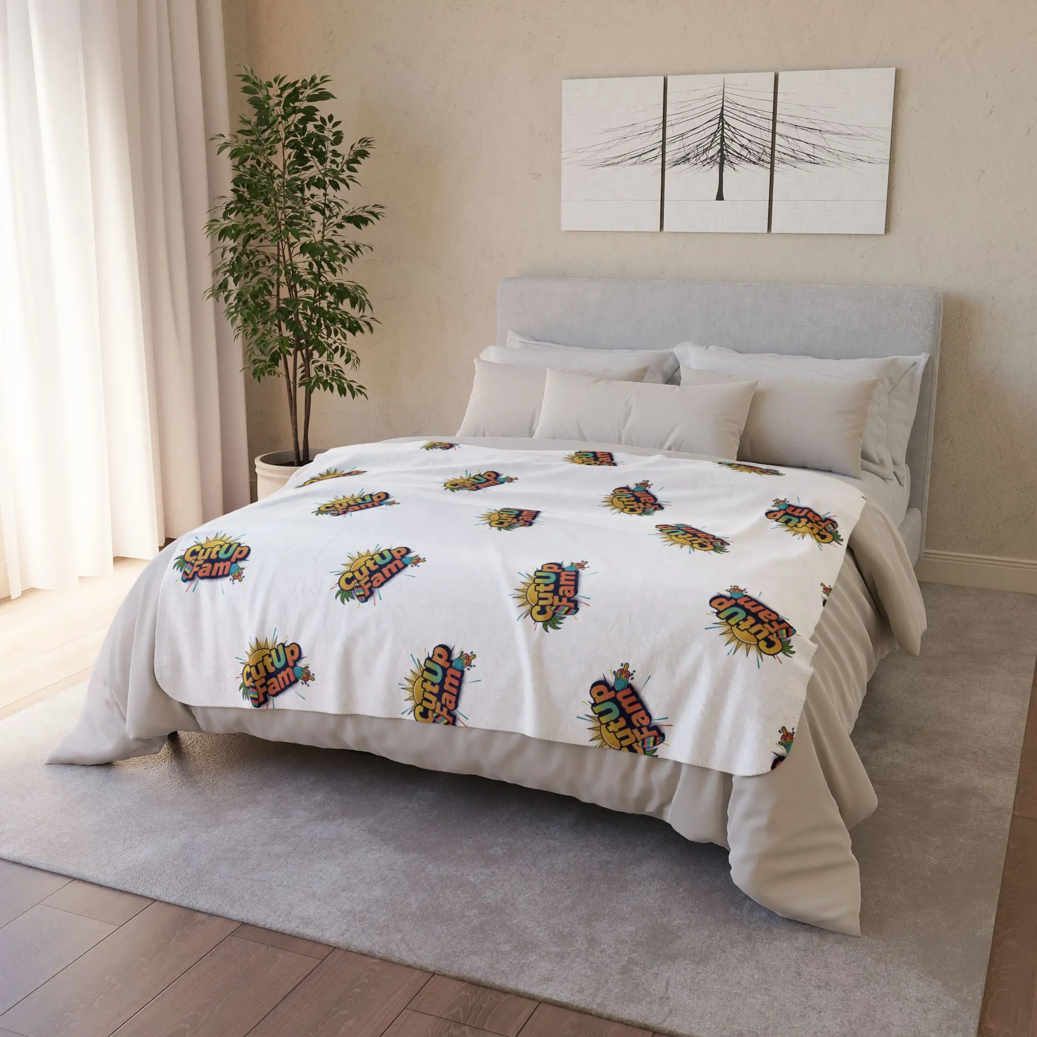 CutUp Fam Fleece Sherpa Blanket | All-over pattern white cozy throw