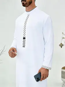 Men's Embroidered Mock Neck Robe, Loose Casual Long Sleeve Robe, Traditional Muslim Clothing for Daily Wear