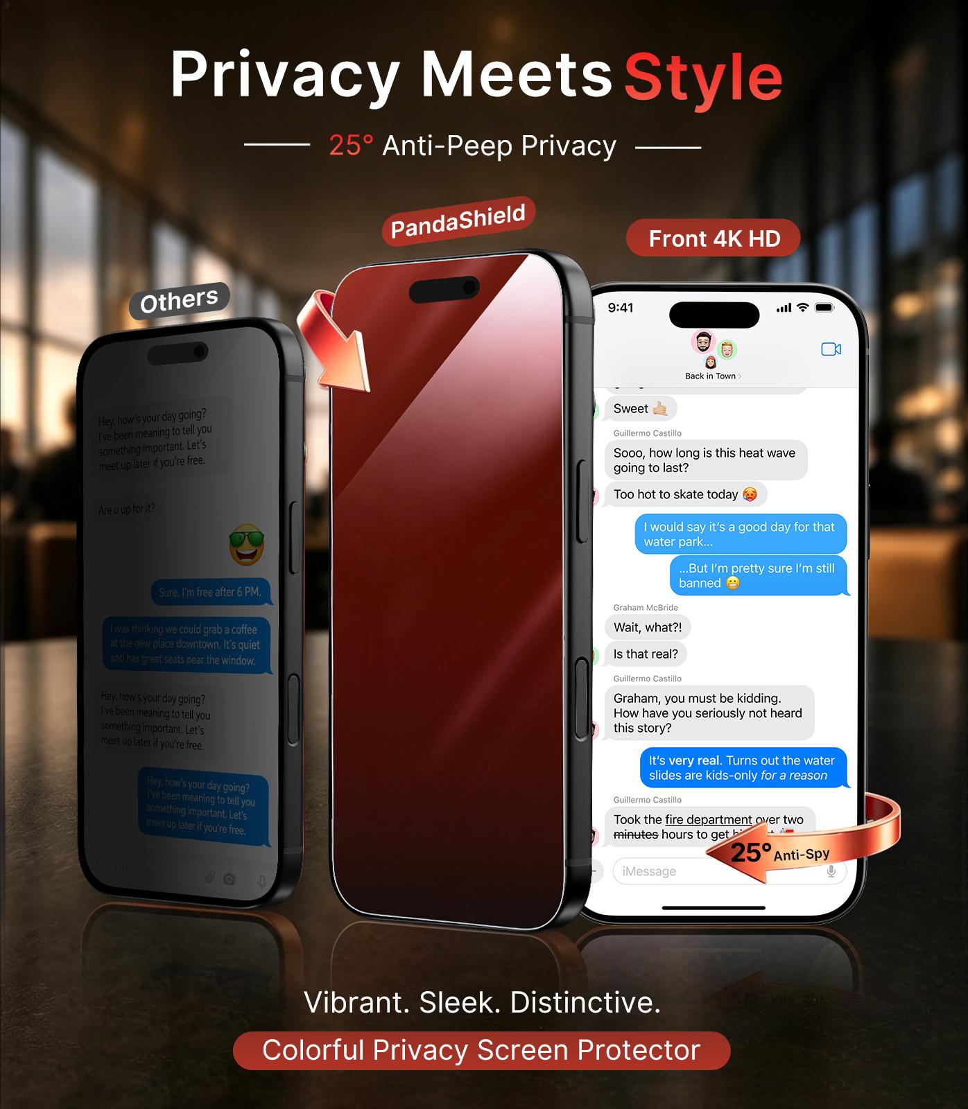 [2-PCS] PandaShield Red Color Privacy Screen Protector, Dust-Free Applicator for iPhone 18/17/16/15/14/13 pro plus max, Reusable easy Installation, Fully Protection, 25° anti-peeping privacy layer, Fingerprint-proof Electroplated Surface, Cellphone,