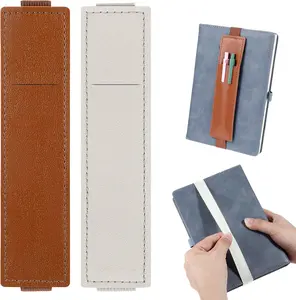 2Pcs Elastic Pen Holder for Notebook, Adjustable Pen Sleeve Pouch, PU Leather Pencil Case with Adjustable Band, Pencil Holder Case for Bible, Notebook, Planners, Binders and Books (Brown, Beige)