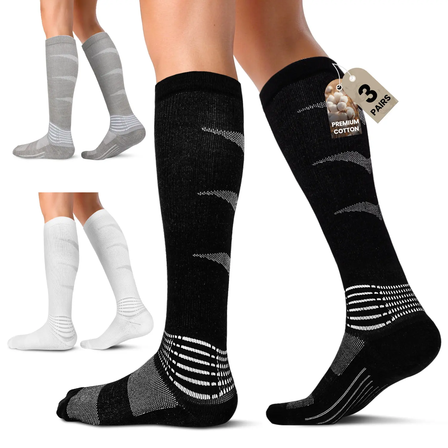 IRAMY 3-Pairs Cotton Compression Ankle Support Socks – Knee-High, Breathable Moisture-Wicking & Gradient Compression for All-Day Comfort (Men/Women), Compression Socks, Ankle Socks