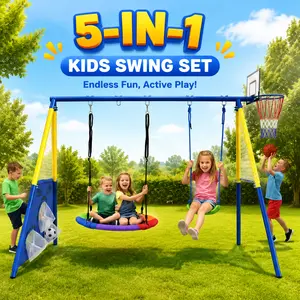 Kids Swing Set Outdoor Swing Set Backyard Swing Set 5 in 1 Saucer Swing Belt Swing Basketball Hoop Soccer Goal Heavy Duty Metal Frame Kids Playground Set for Ages 3 to 10 Backyard Outdoor Playset Garden Equipment