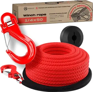 Synthetic Winch Line Cable Rope for ATV, UTV, Snow plow pre Stretched 8200LBS-MBS/2700W.L.L.(1/4x50, Rope, Hook, Stopper)