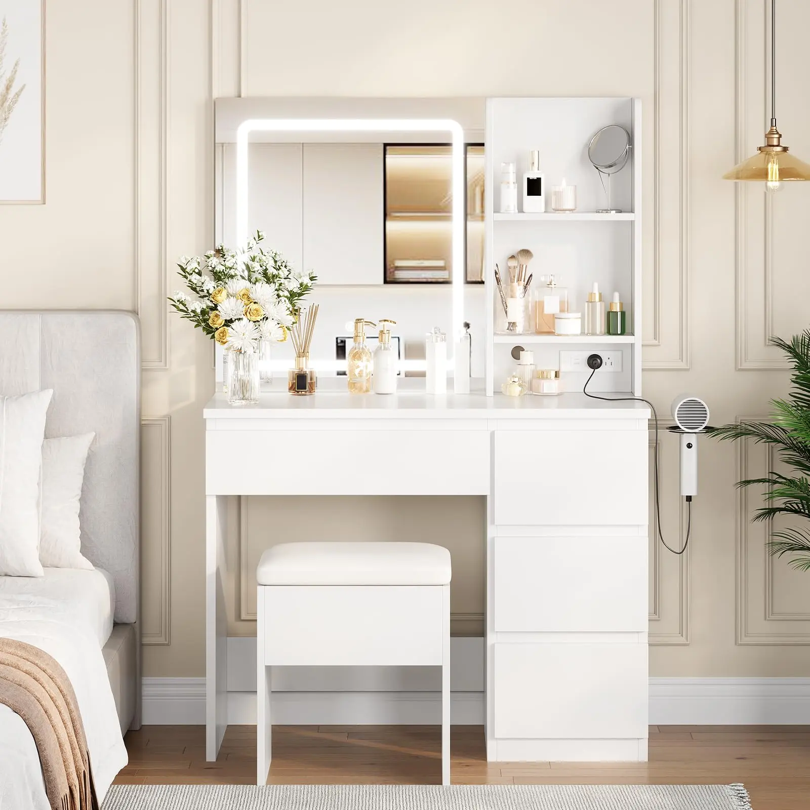 Garvee Modern Vanity Desk with LED Mirror and Lights - Makeup Dressing Table with Outlets, Storage Stool, 4 Drawers, Hair Dryer Holder - Available in 3 Colors, White Finish