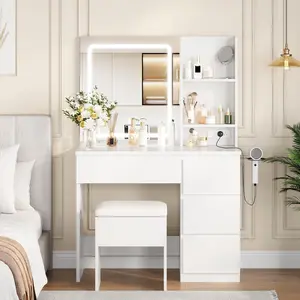 Garvee Modern Vanity Desk with Mirror and LED Lights - Makeup Dressing Table with 4 Drawers, Storage Stool, Hair Dryer Holder, Outlets, and 3-Color LED Vanity Mirror for Bedroom, White