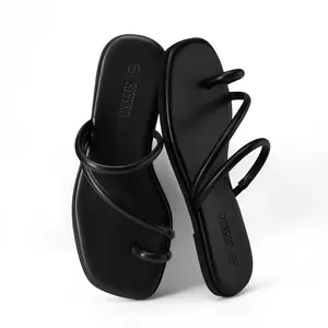 Rihero Women's Miami Toe Loop Summer Sandals Women's Slide Sandals Comfortable Square Toe Beach Slip On Strappy Thong Flat Sandals Tactical