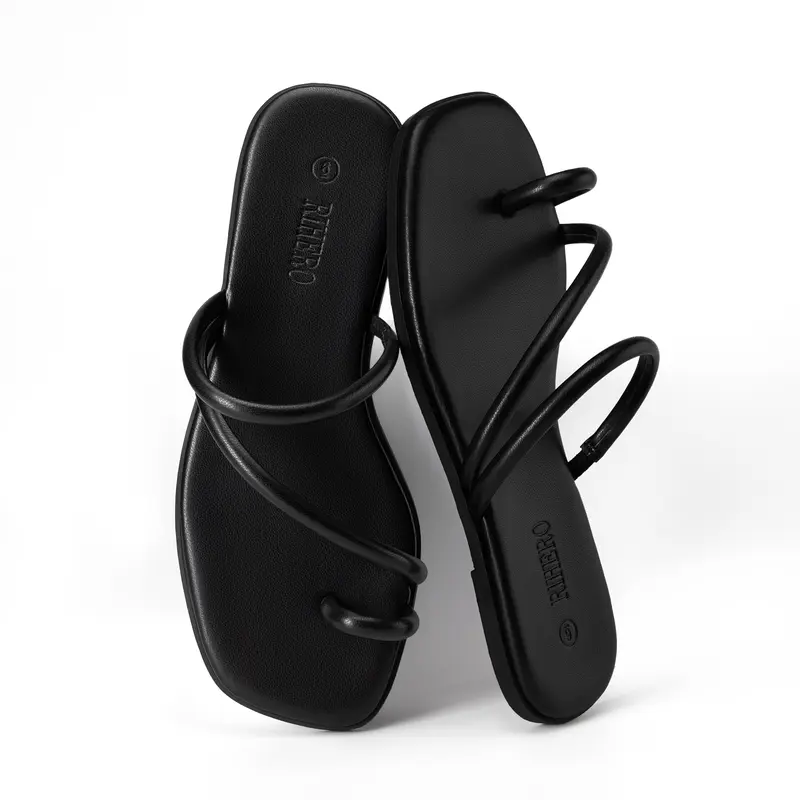 Rihero Women's Stylish Flat Sandals - Miami Toe Loop, Square Toe, Asymmetric Strap, Casual Slip-On Thong Footwear, Lightweight Comfortable Sporty Chic Sandals for Women All Seasons