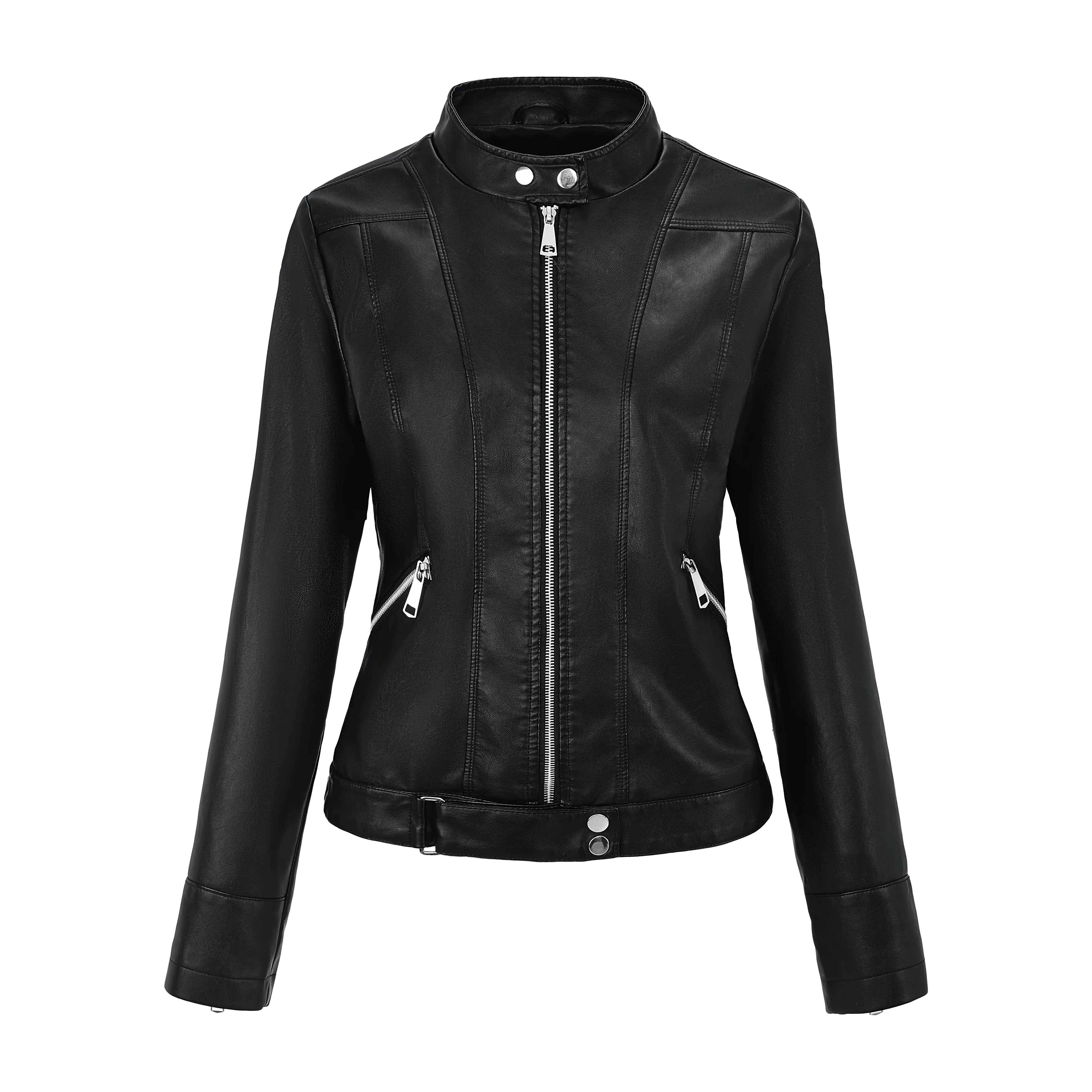 Women’s stand collar PU leather jacket, slim-fit cropped design with seam detailing, metal snap closure and zipper pockets, vintage biker style, suitable for spring and autumn commuting and casual wear, faux leather top