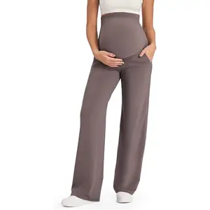 Maternity Pants Over The Belly Yoga Dress Work Pregnancy Pants Stretchy Lounge Wide Leg Trousers with Pockets