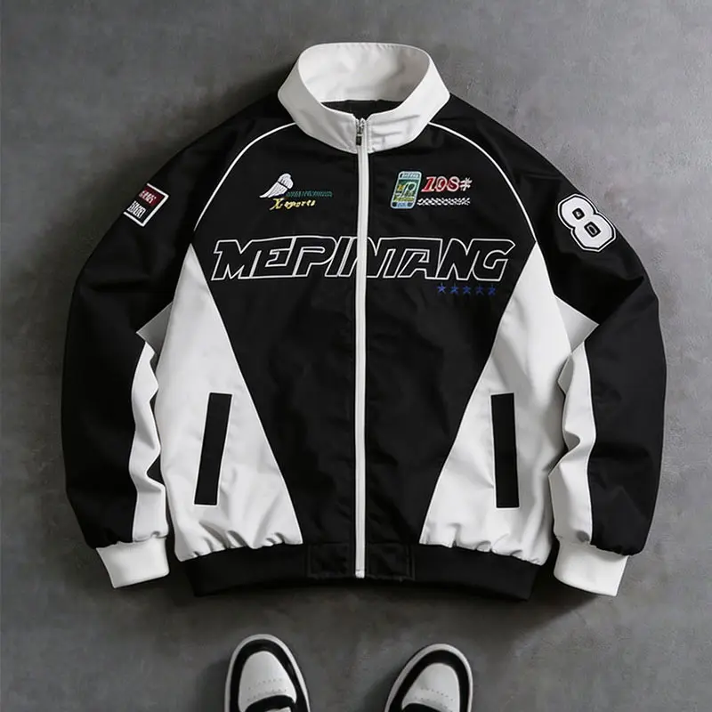 Men’s retro racing bomber jacket with letter patches and a full zip closure, stand collar, ribbed cuffs, vintage motor streetwear outerwear for everyday hangouts and weekends in fall/winter men’s outfit