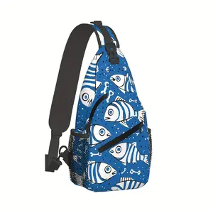 Crossbody Chest Bag Hiking Backpack Navy Blue Cartoon Fish Design Large Capacity Polyester Durable for Shopping Work Leisure Travel Beach Fishing Backpack