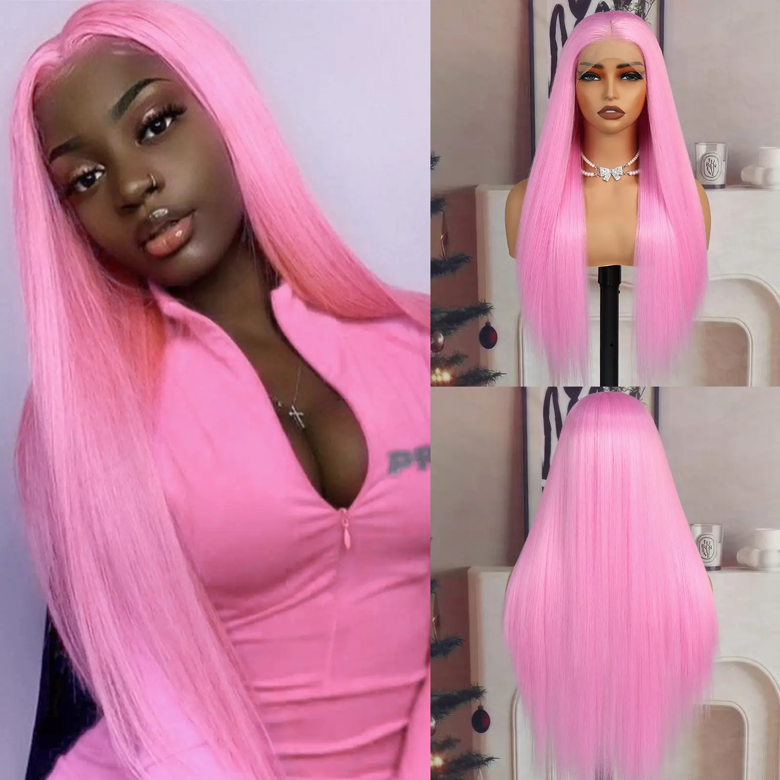 Women's Neon Pink 13x4 HD Transparent Lace Front Wig, Long Straight High-Temperature Resistant Synthetic Fiber, Glueless Pre-Plucked Free Parting Smooth with Transparent Cover, Medium (21-22.5) Lace Closure Wig for Parties