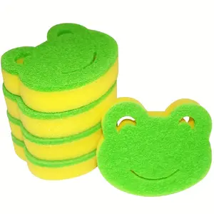 5pcs, Frog Shape Cleaning Sponge, Double-Sided Scouring Pad For Household Cleaning, Dishwashing Sponge, Premium Kitchen Sponge, Durable Heavy Duty Sponge Wipe, Super Absorbent, Cleaning Supplies, Cleaning Tool, Ready For School Multicolor Yellow + Green