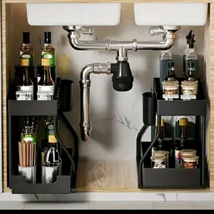 2-Tier R-Shaped Expandable Pull-Out Under-Sink Storage Shelf - Large Capacity Space-Saving Plastic Kitchen Organizer With Adjustable Shelves, Countertop Cabinet Organizer For Bathroom & Kitchen, Space-Saving Vertical Storage Rack For Utensils