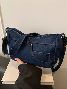 Simple Versatile Solid Color Single Shoulder Denim Small Bag, Lightweight Casual Crossbody Bag for Outdoor Use, Stylish and Practical Shoulder Bags