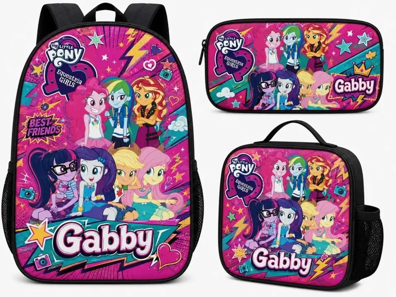 Personalized Kawaii Unicorn Pony Girl Schoolbag Set | 3Pcs Bookbag Insulated Lunch Tote Pencil Pouch | Custom Name Student Gift