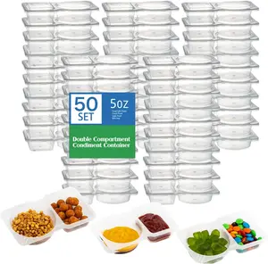 50 Pack Double Compartment Condiment Container with Lid, 5oz Disposable Small Snack Container 2 Compartment for Meal Prep, Salad Dressing, Dipping Sauce, Travel Snacks